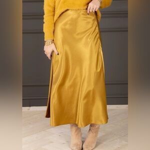 Molly Bracken Satin A-Line Midi Skirt in Mustard